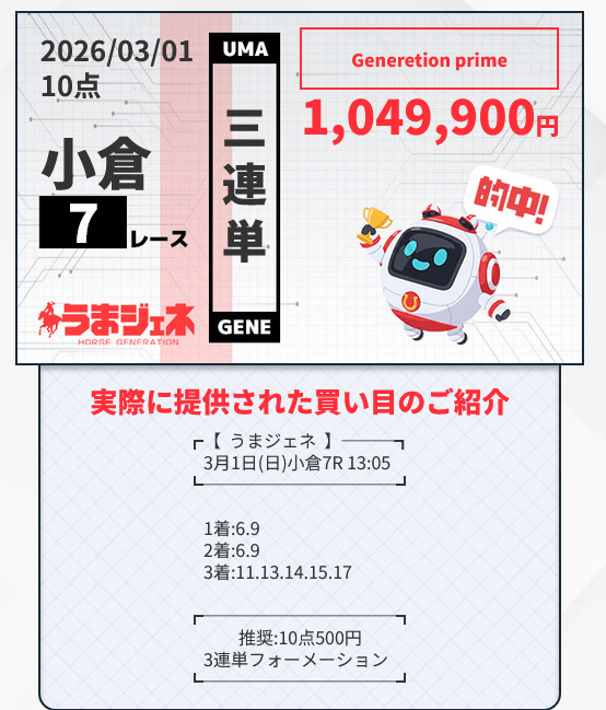 競馬予想サイトうまジェネ(ジェネレーションプライム)3連単的中実績